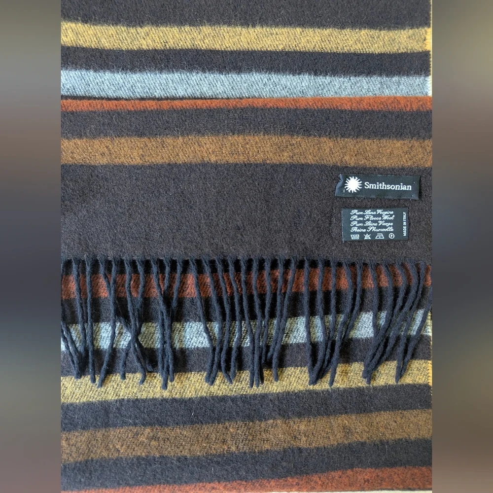 Smithsonian Brown Yellow Orange Striped Scarf Wool Made In‎ Italy